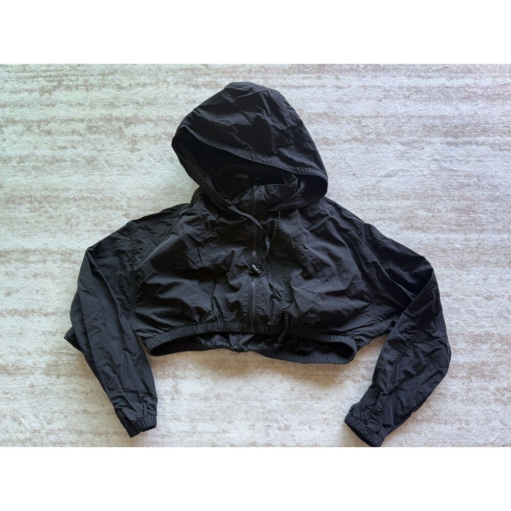 ANWND Women’s Small Black Cropped Windbreaker Hooded Jacket Lightweight